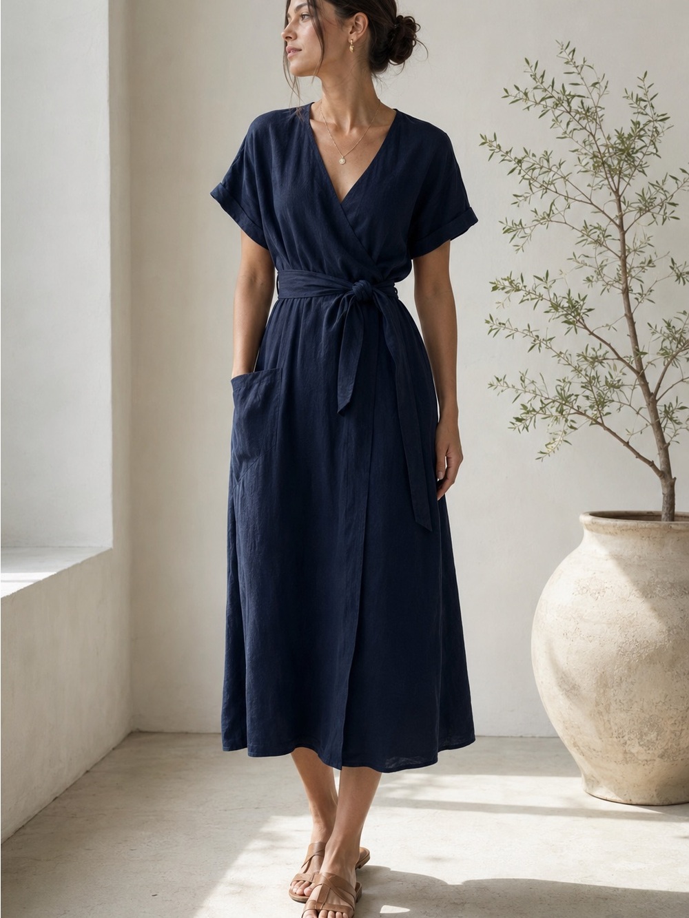 Grae Cove 100% Linen Navy Wrap Midi Dress Pockets Tie Waist Sz Small Minimalist